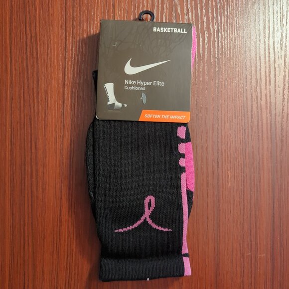 Original Breast Cancer Kay Yow Nike Elite Socks Black Crew Size Large Basketball - Picture 1 of 3
